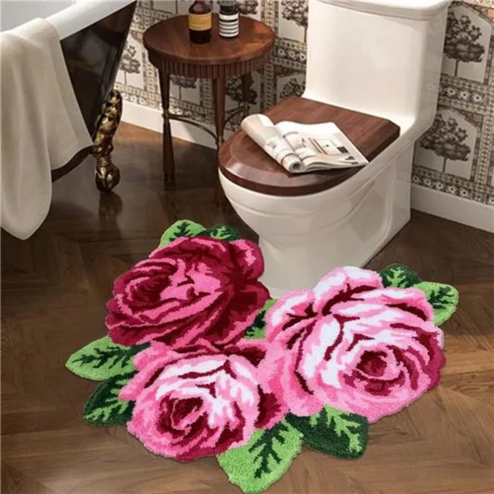 Rose Shaped Rug Pink Luxury Shaggy Toilet Bath Mat Non-Slip Machine-Washable